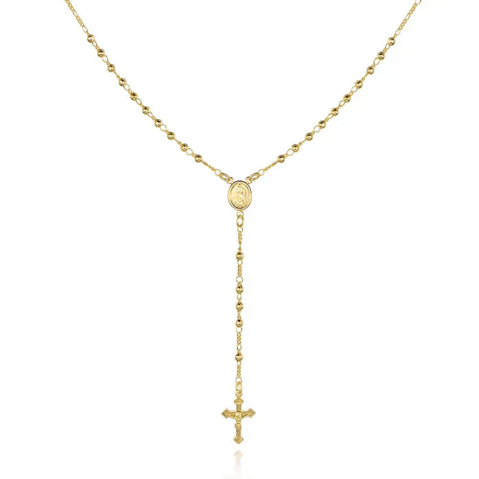 RMZ GOLD NYC Unisex 14K Gold Virgin Mary Rosary Bead Cross Necklace 18''