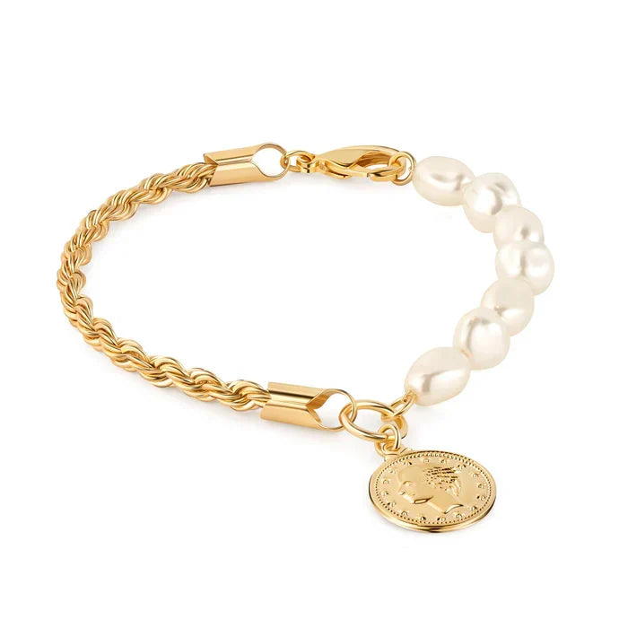 RMZ GOLD NYC 18K Gold Rope & Pearl Bracelet with Coin Charm - 8 Inches