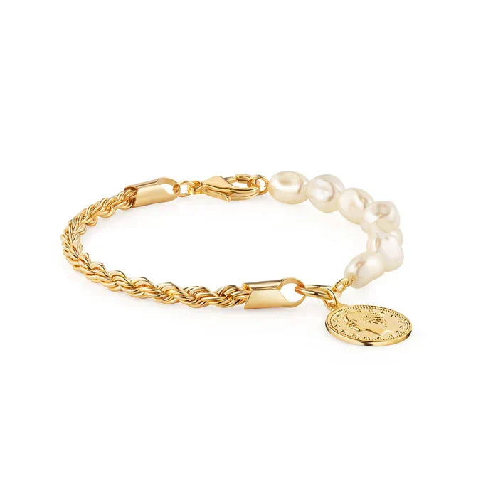 RMZ GOLD NYC 18K Gold Rope & Pearl Bracelet with Coin Charm - 8 Inches