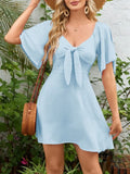 Smocked Back Knotted Flutter Sleeve Dress