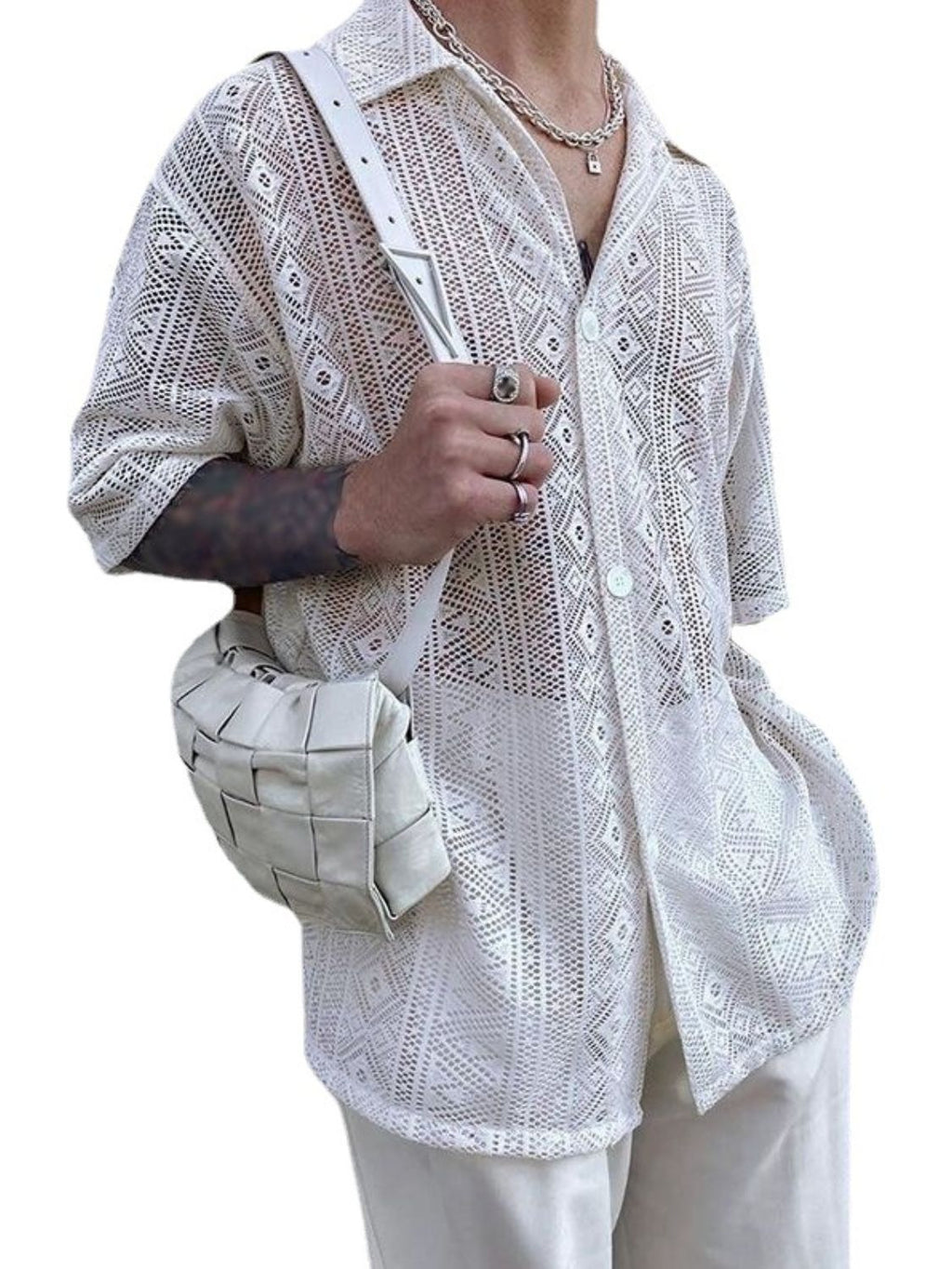 Men's Full Size Lace Half Sleeve Button Down Shirt Plus Size