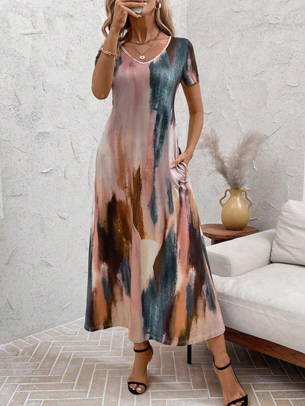 Tie-Dye V-Neck Short Sleeve Midi Tee Dress