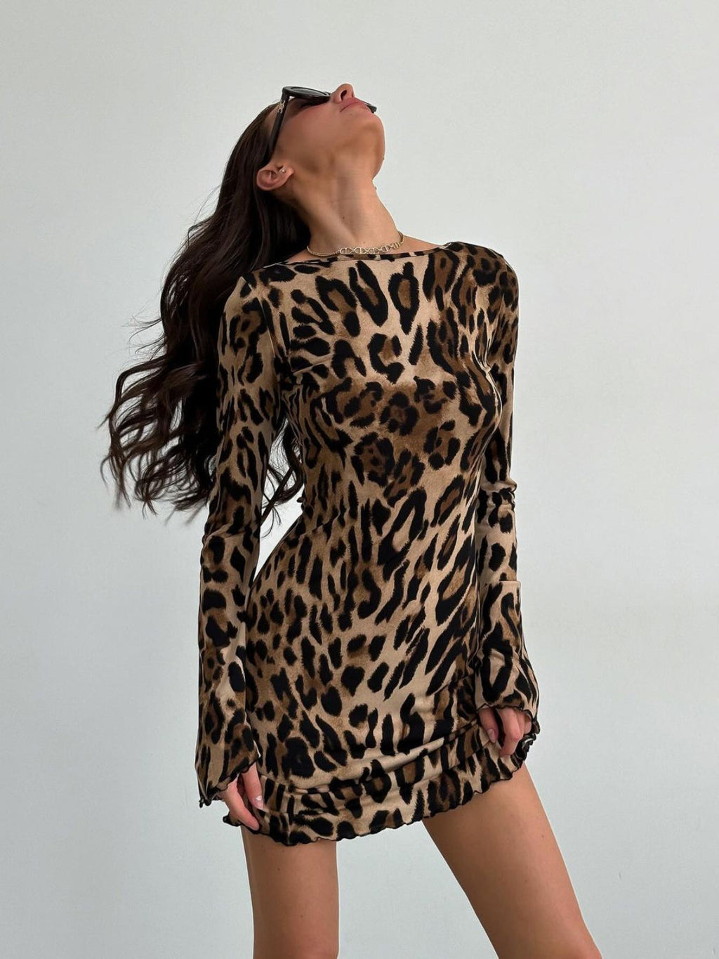 Leopard Backless Long Sleeve Mini Dress