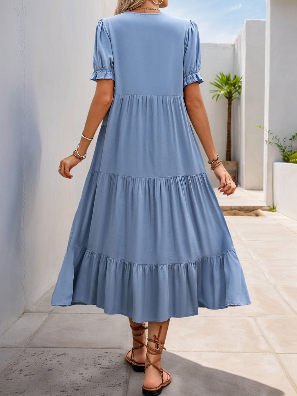 Notched Short Sleeve Tiered Midi Dress