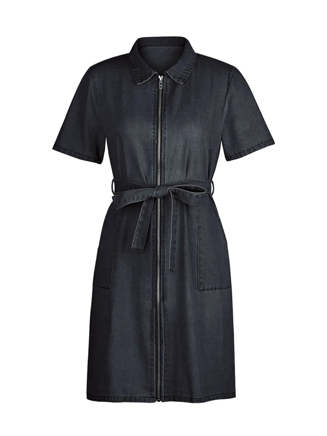 Full Size Zip Front Short Sleeve Denim Dress Plus Size