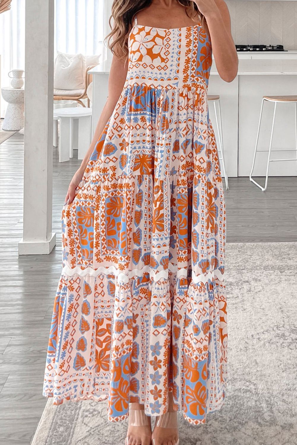 Printed Smocked Back Ricrac Trim Cami Dress