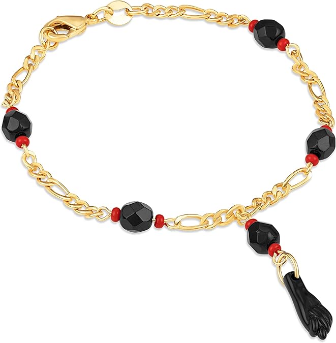 RMZ GOLD NYC 18K Gold Figaro Azabache Bracelet - Made In Brazil 6''