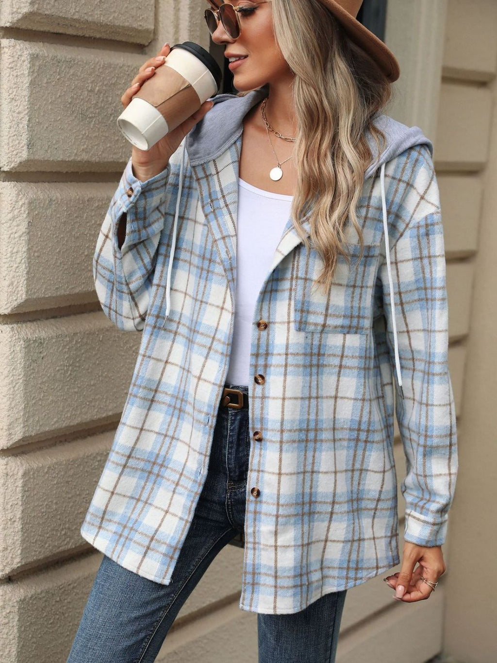 Drawstring Plaid Button Up Hooded Jacket