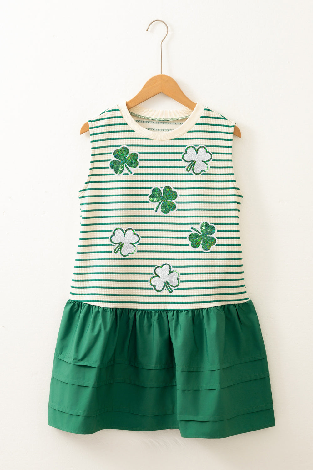 Stripe Sequin Clover Patched Contrast Mini Dress with Pockets