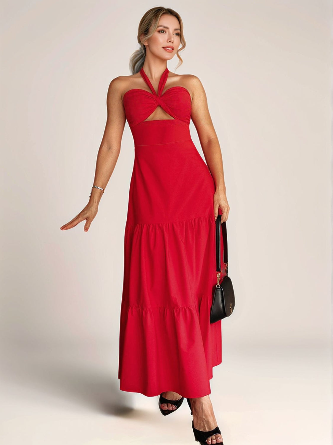 Twist Front Cutout Tiered Maxi Dress