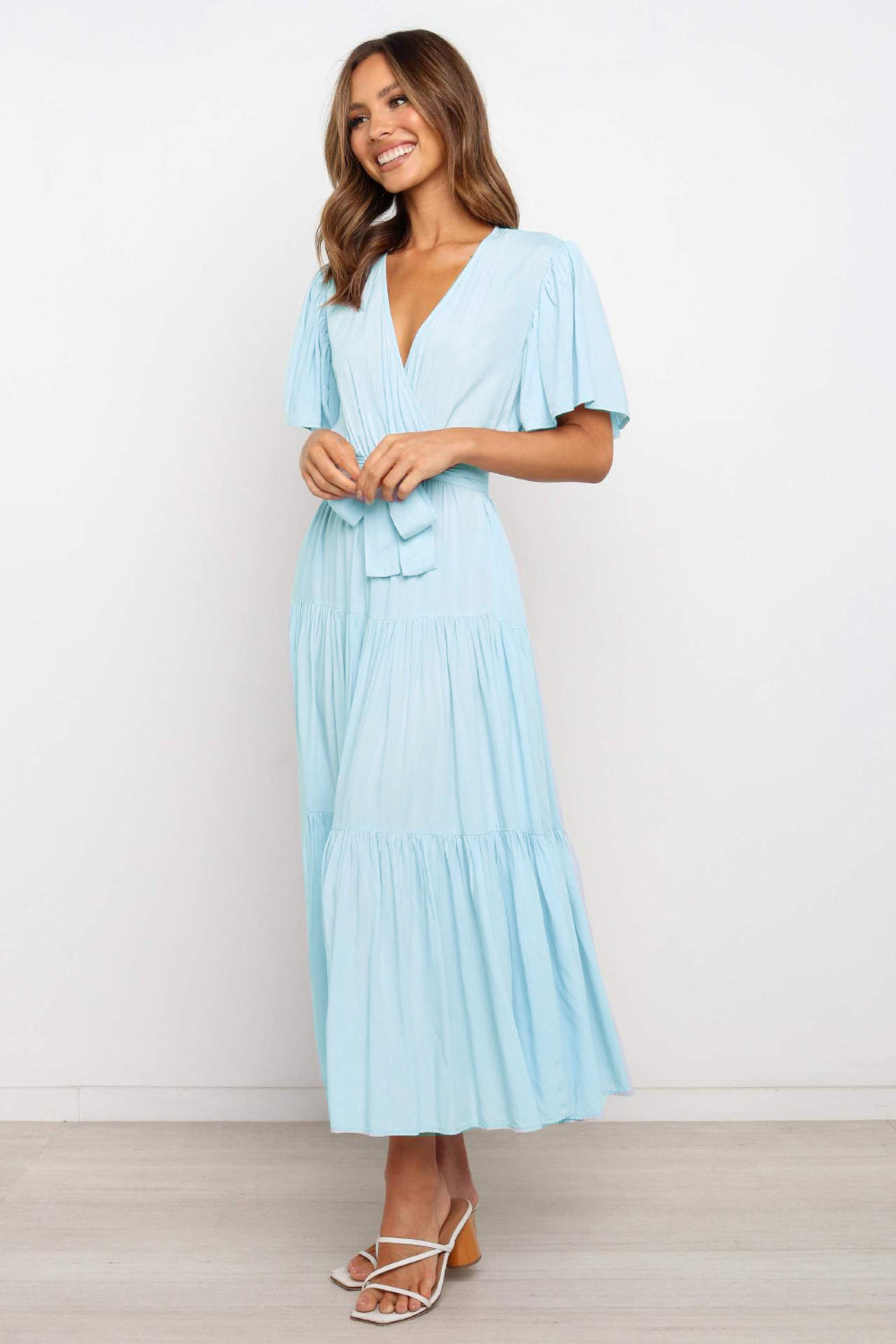 Tied Back Tiered Short Sleeve Midi Dress