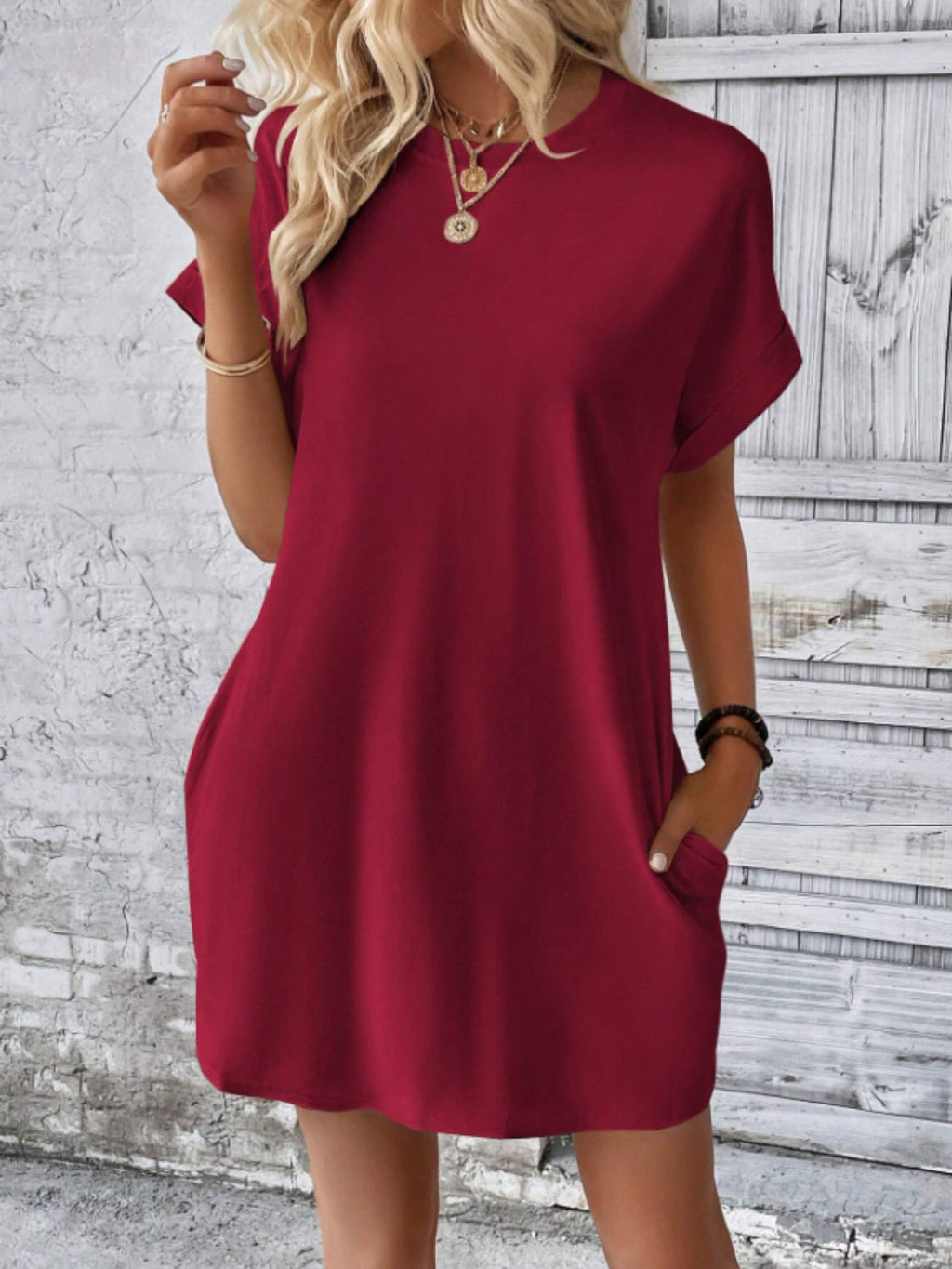 Round Neck Short Sleeve Mini Tee Dress with Pockets