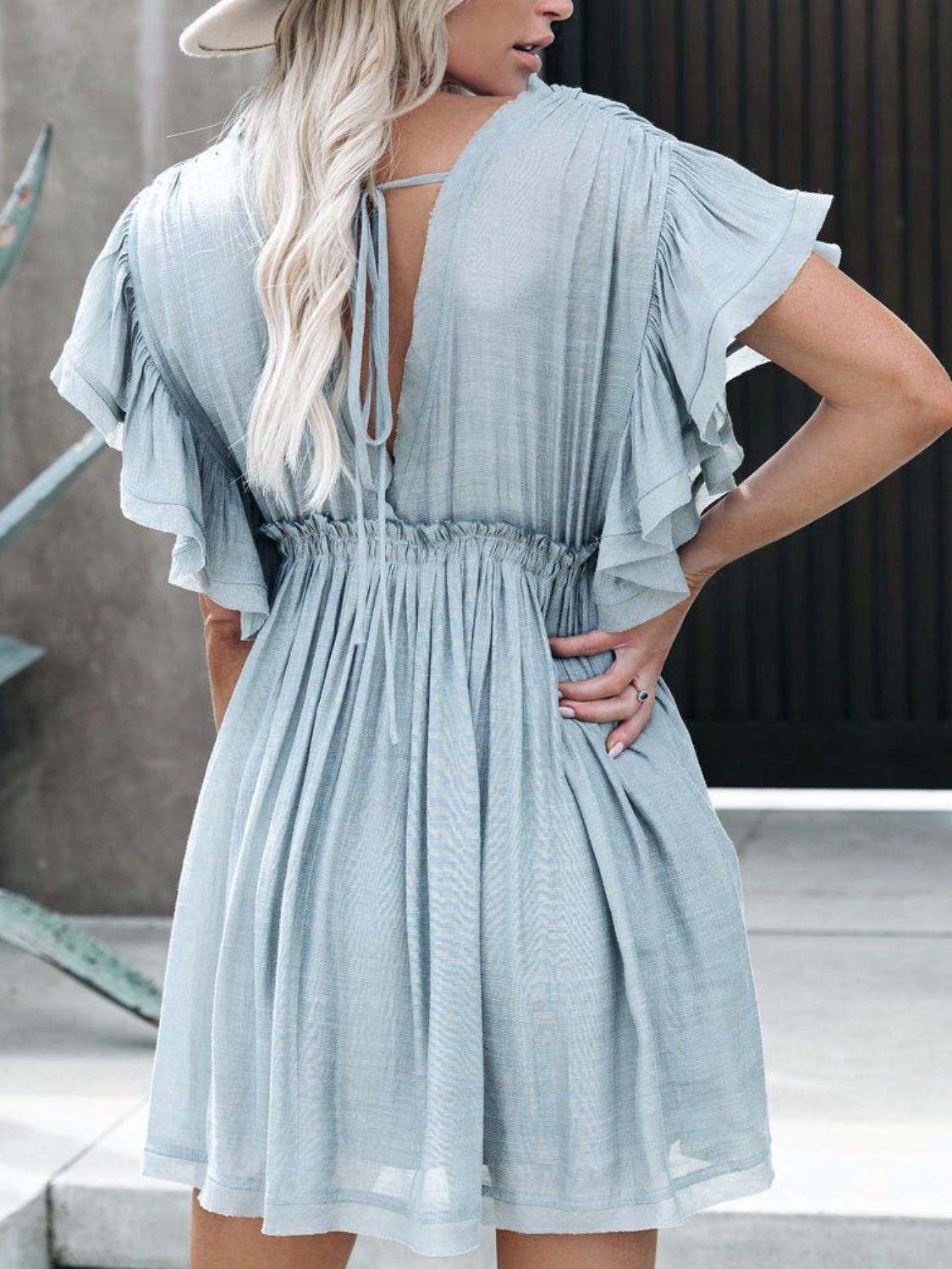 Drawstring Ruffled Half Sleeve Mini Dress