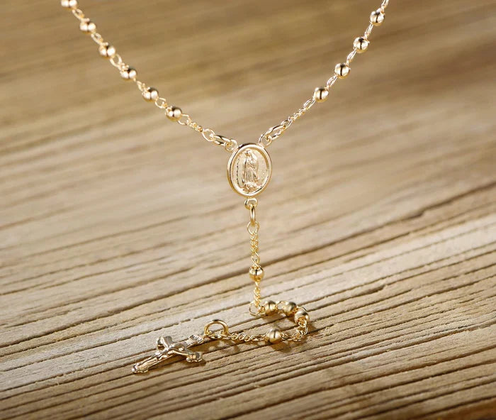 RMZ GOLD NYC Unisex 14K Gold Virgin Mary Rosary Bead Cross Necklace 18''