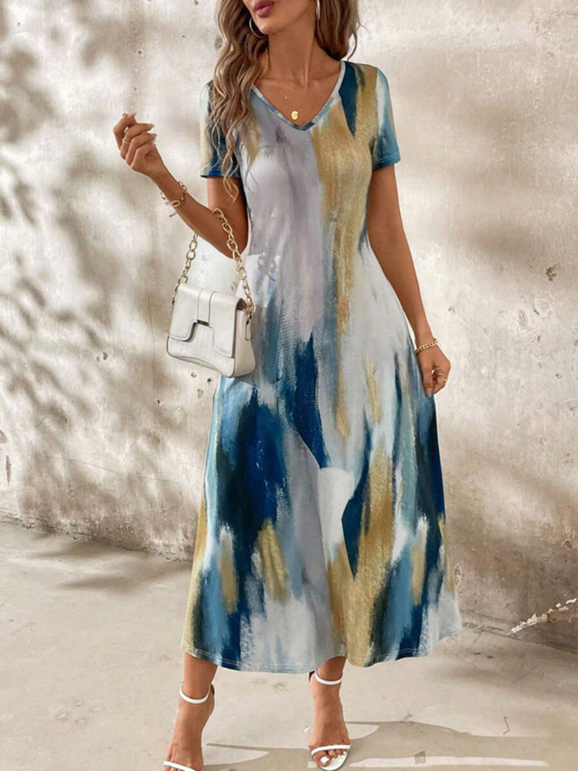 Tie-Dye V-Neck Short Sleeve Midi Tee Dress