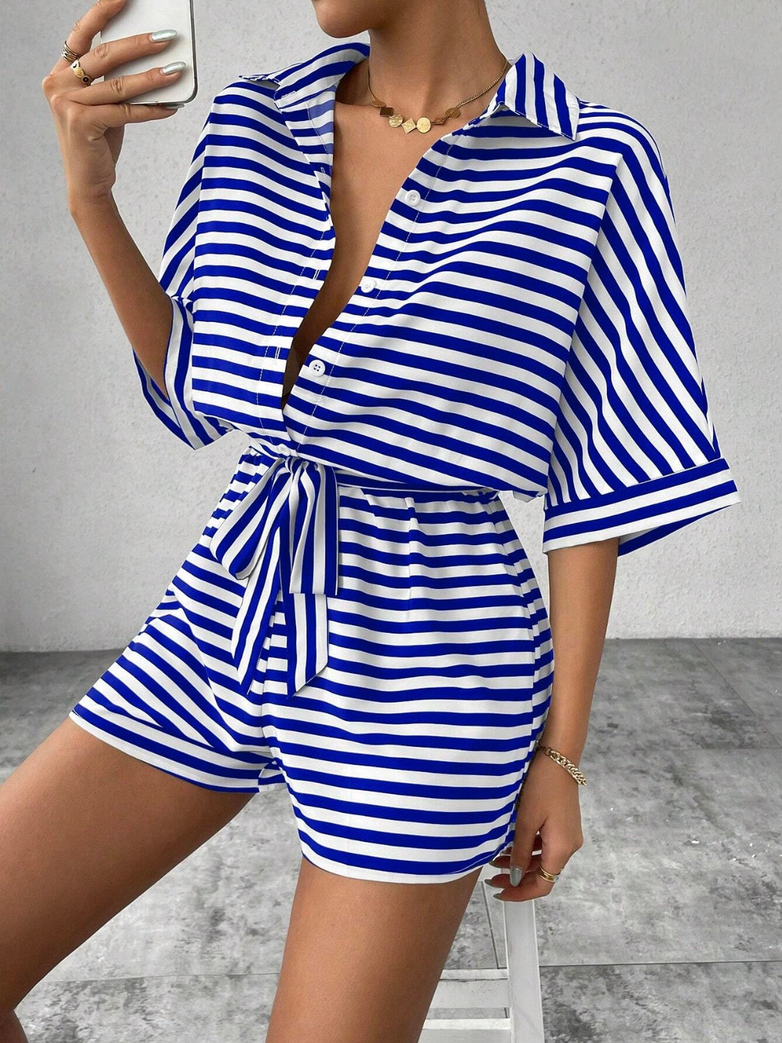Tie Waist Half Button Striped Romper