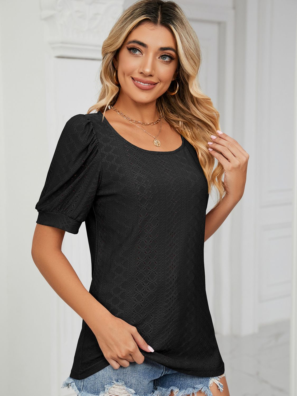 Ruched Notched Long Sleeve T-Shirt