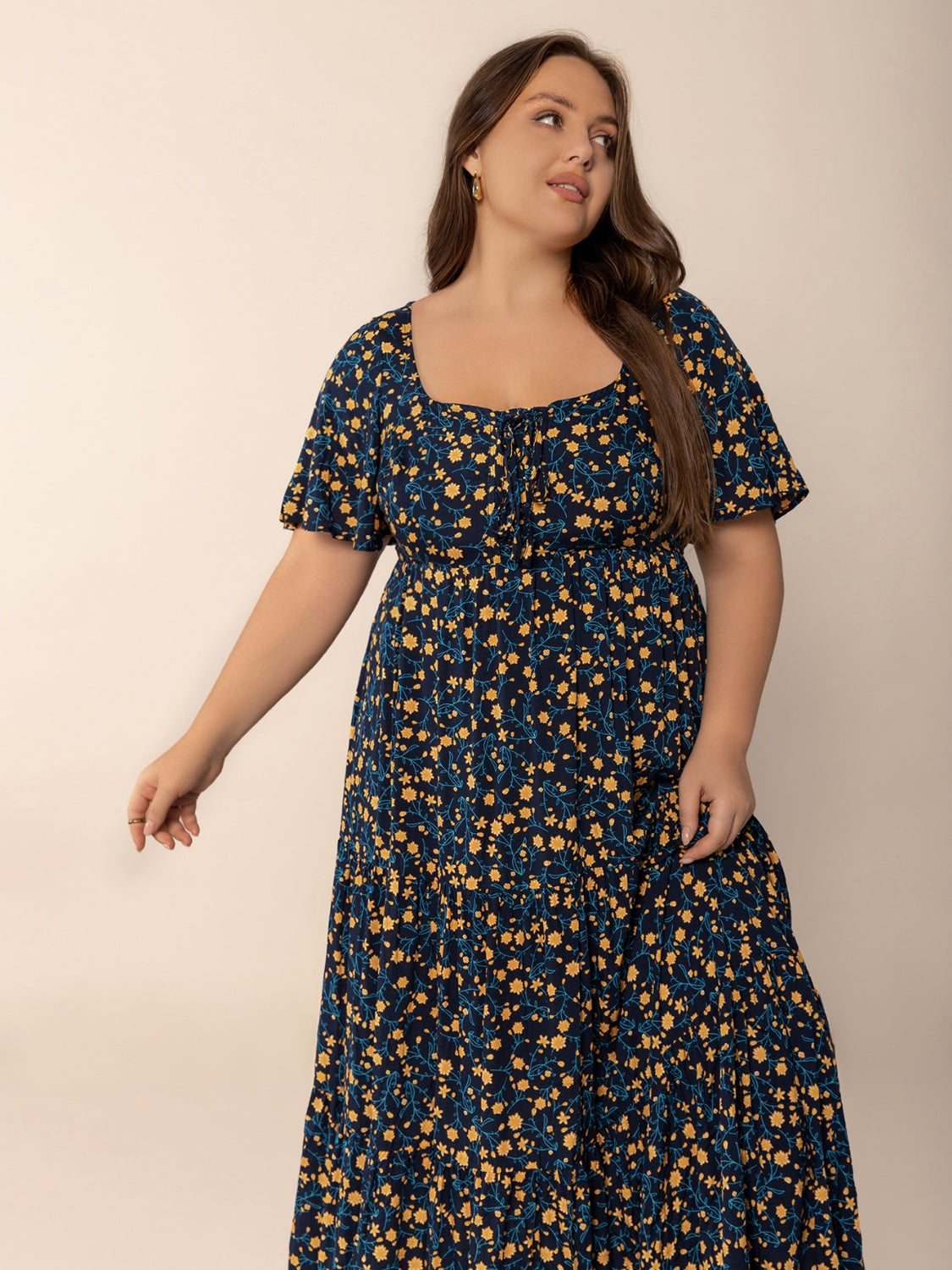 Plus Size Printed Short Sleeve Slit Tiered Maxi Dress