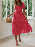 Printed Square Neck Short Sleeve Midi Dress