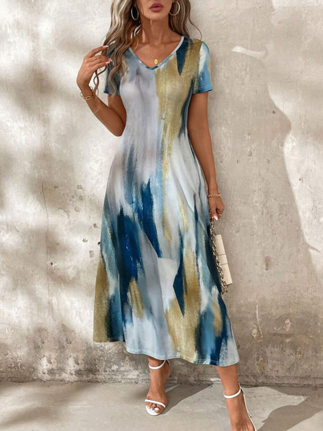 Tie-Dye V-Neck Short Sleeve Midi Tee Dress