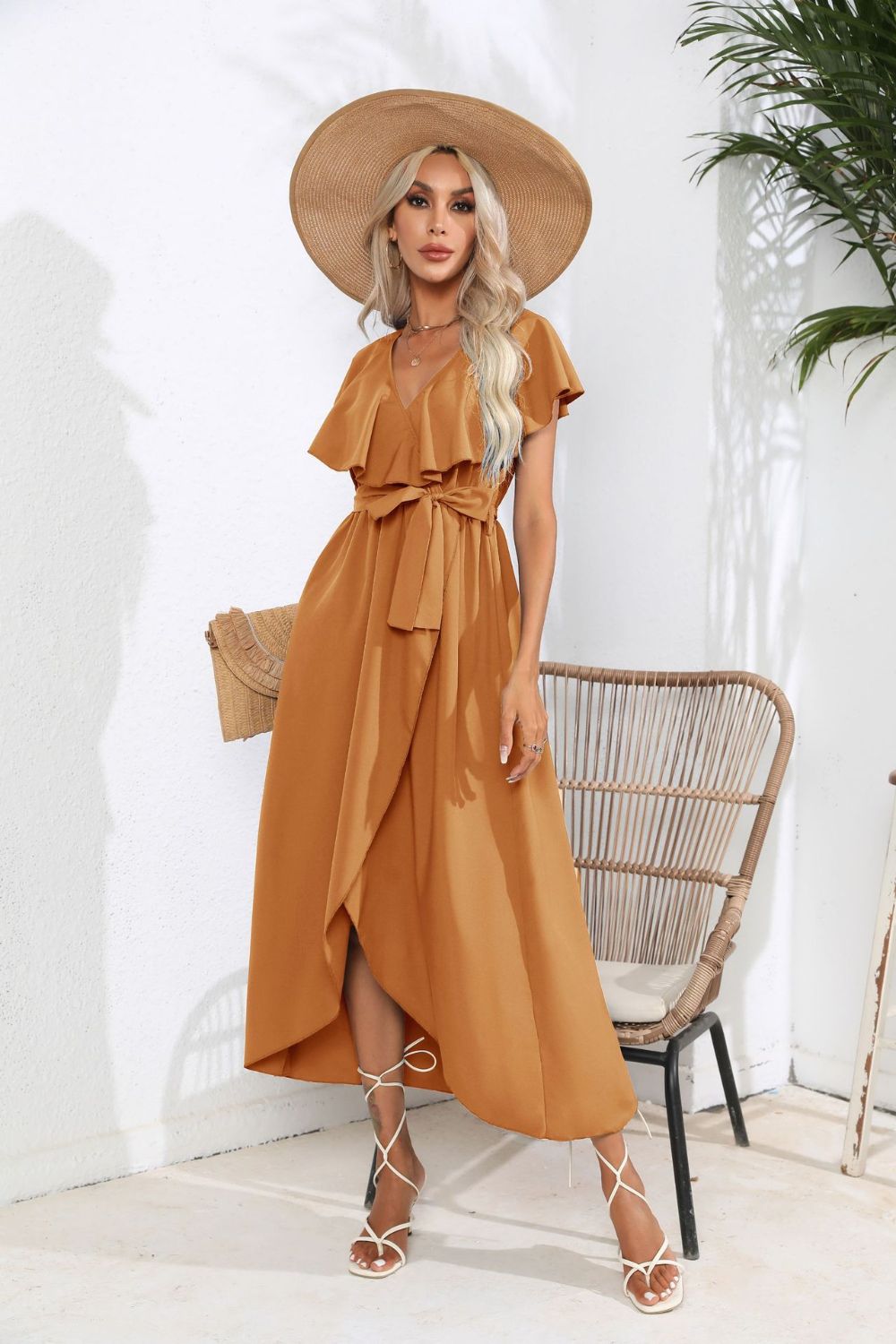 Tied Front Ruffled Short Sleeve Midi Dress