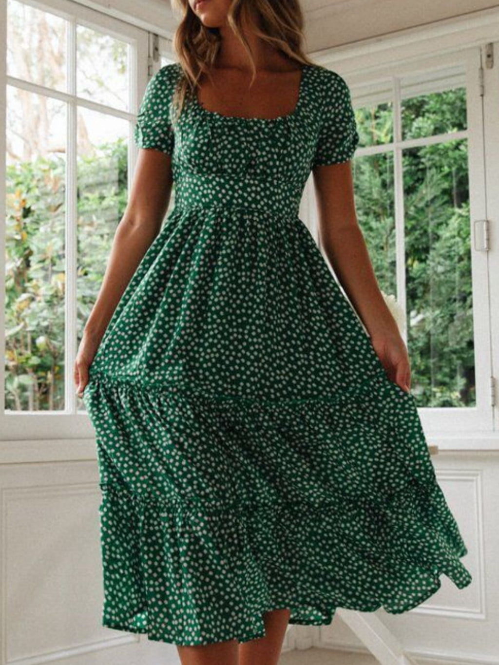 Printed Square Neck Short Sleeve Midi Dress