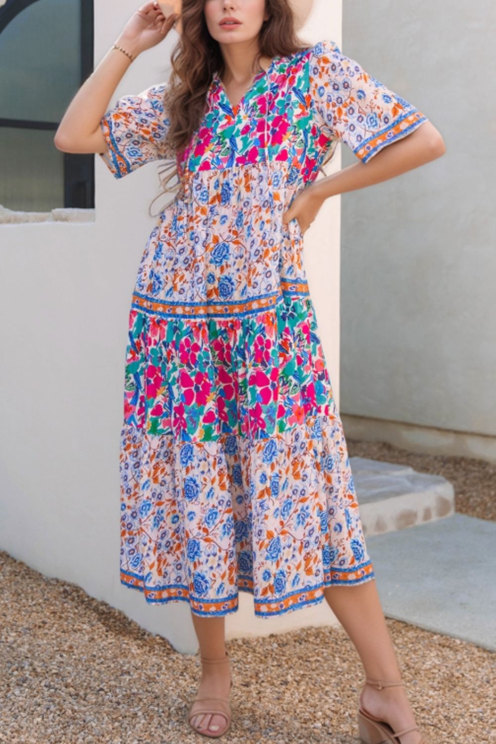 Mixed Floral Print Tie Neck Short Sleeve Dress