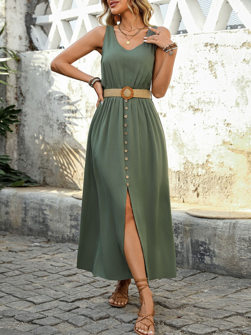 Perfee Decorative Button Slit Sleeveless Midi Dress