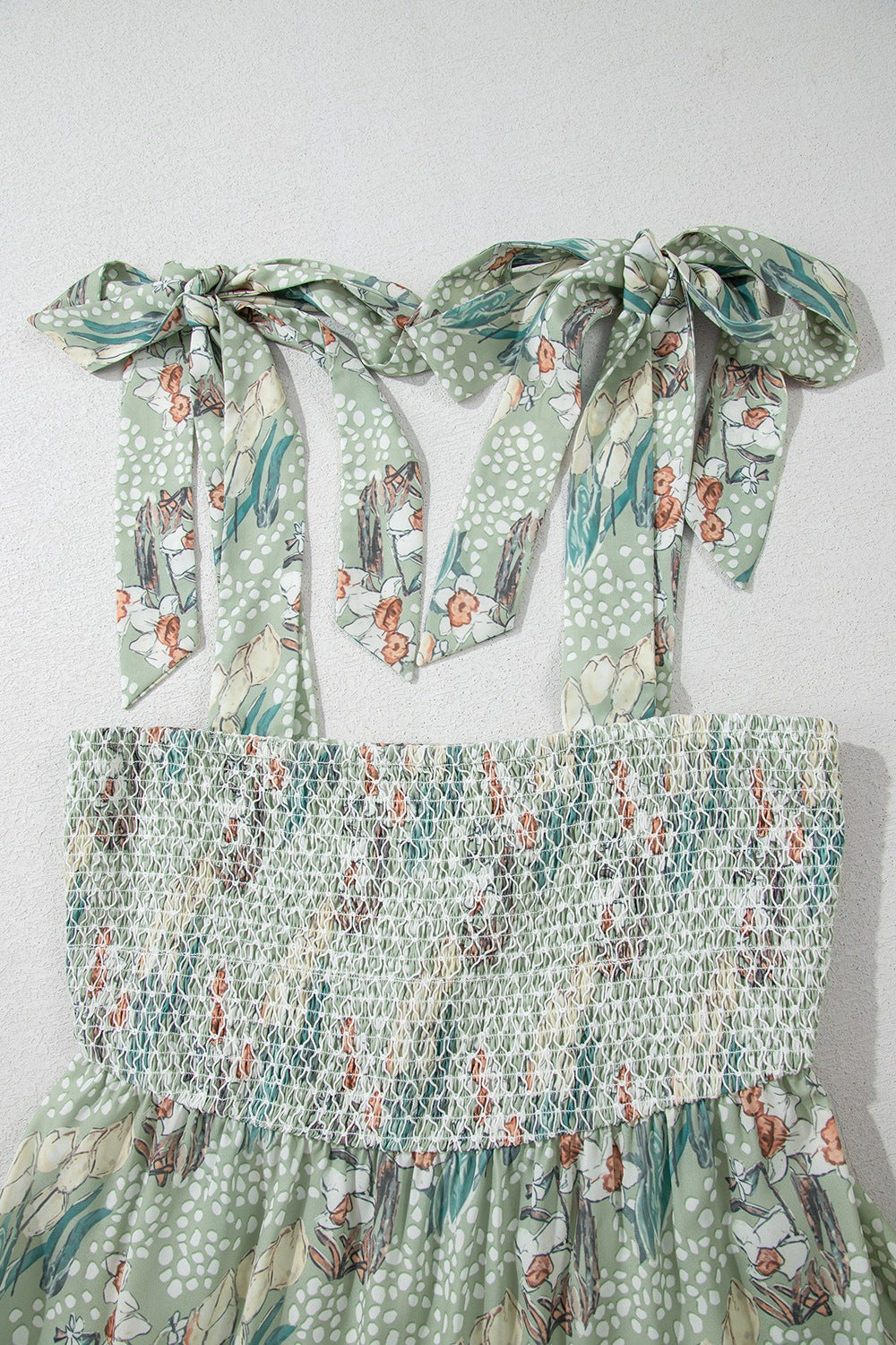 Smocked Printed Tie Shoulder Mini Cami Dress