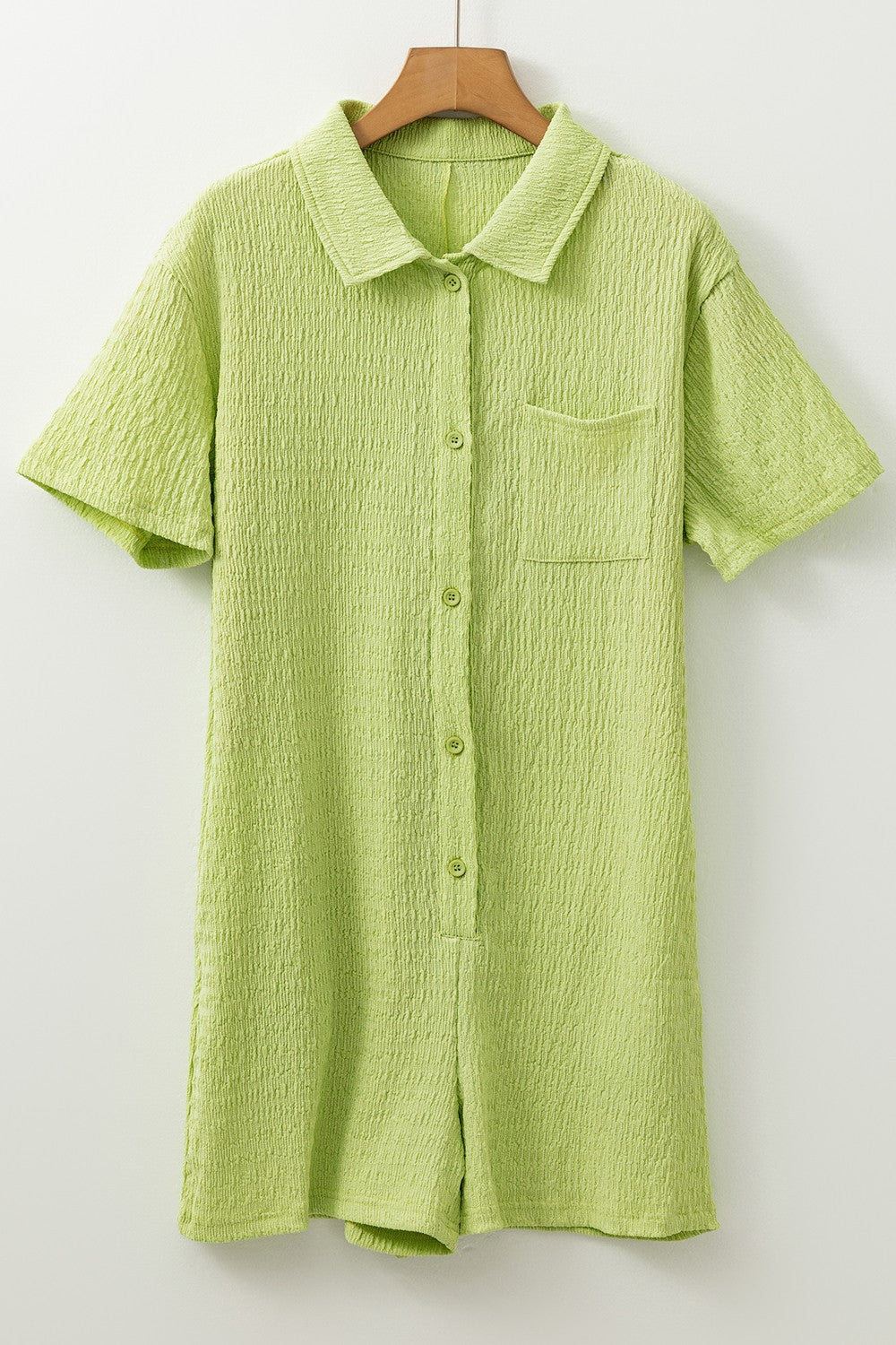 Textured Short Sleeve Patched Pocket Buttoned Romper
