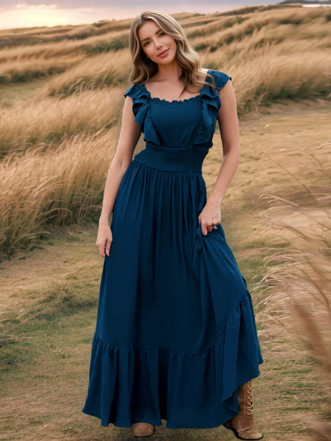 Ruffled Smocked Square Neck Maxi Dress