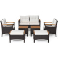 7 Piece Rattan Patio Sofa Set with Acacia Wood Tabletop and Armrests