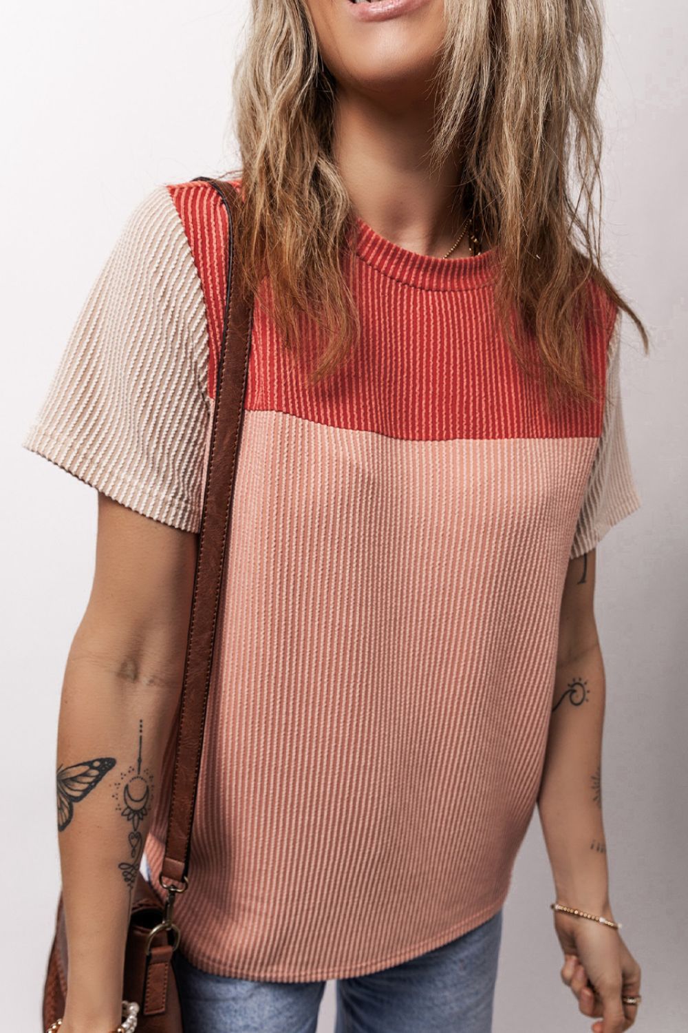 Color Block Round Neck Short Sleeve T-Shirt
