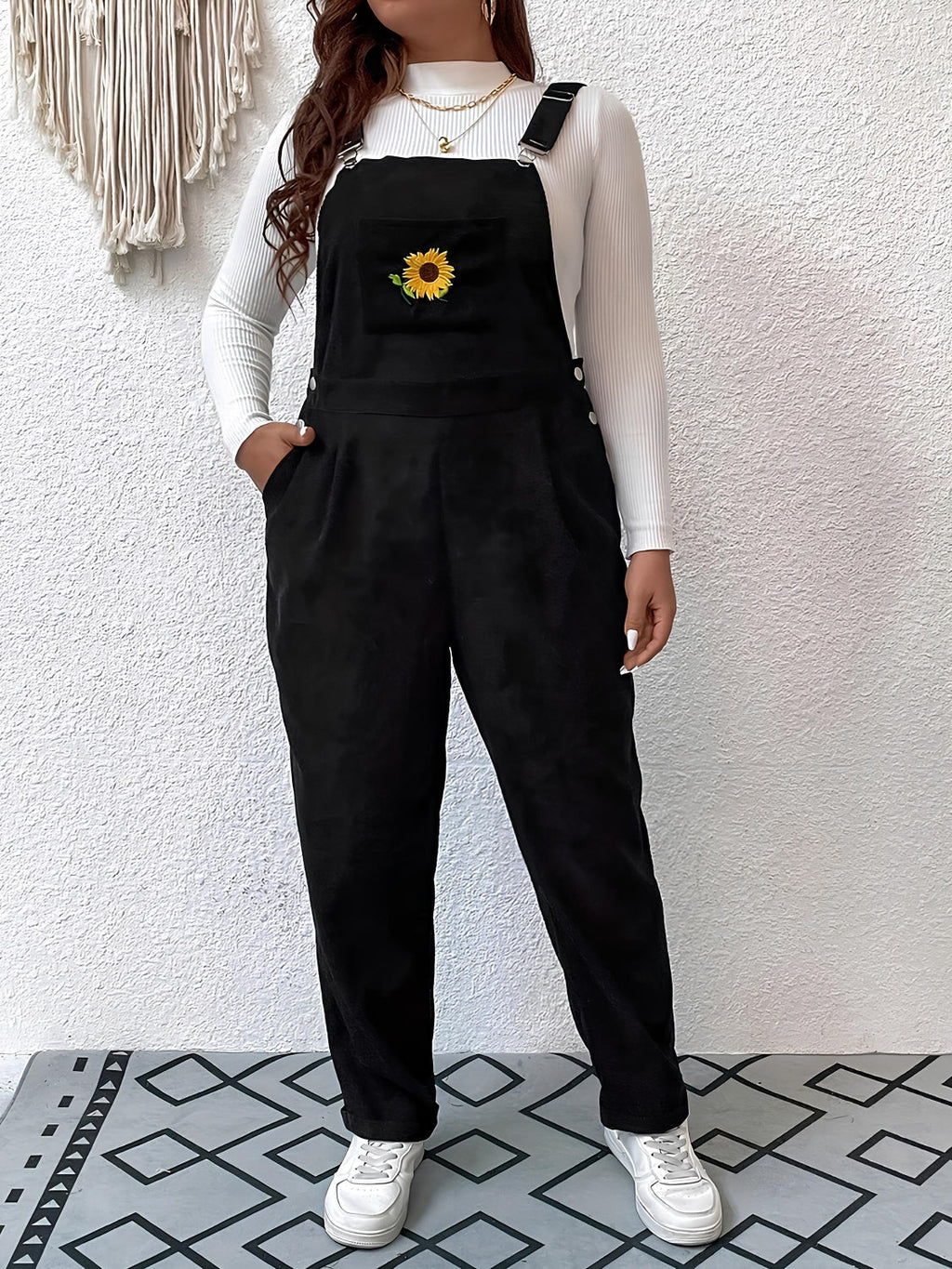 Embroidered Sunflower Wide Strap Overalls with Pockets