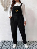 Embroidered Sunflower Wide Strap Overalls with Pockets