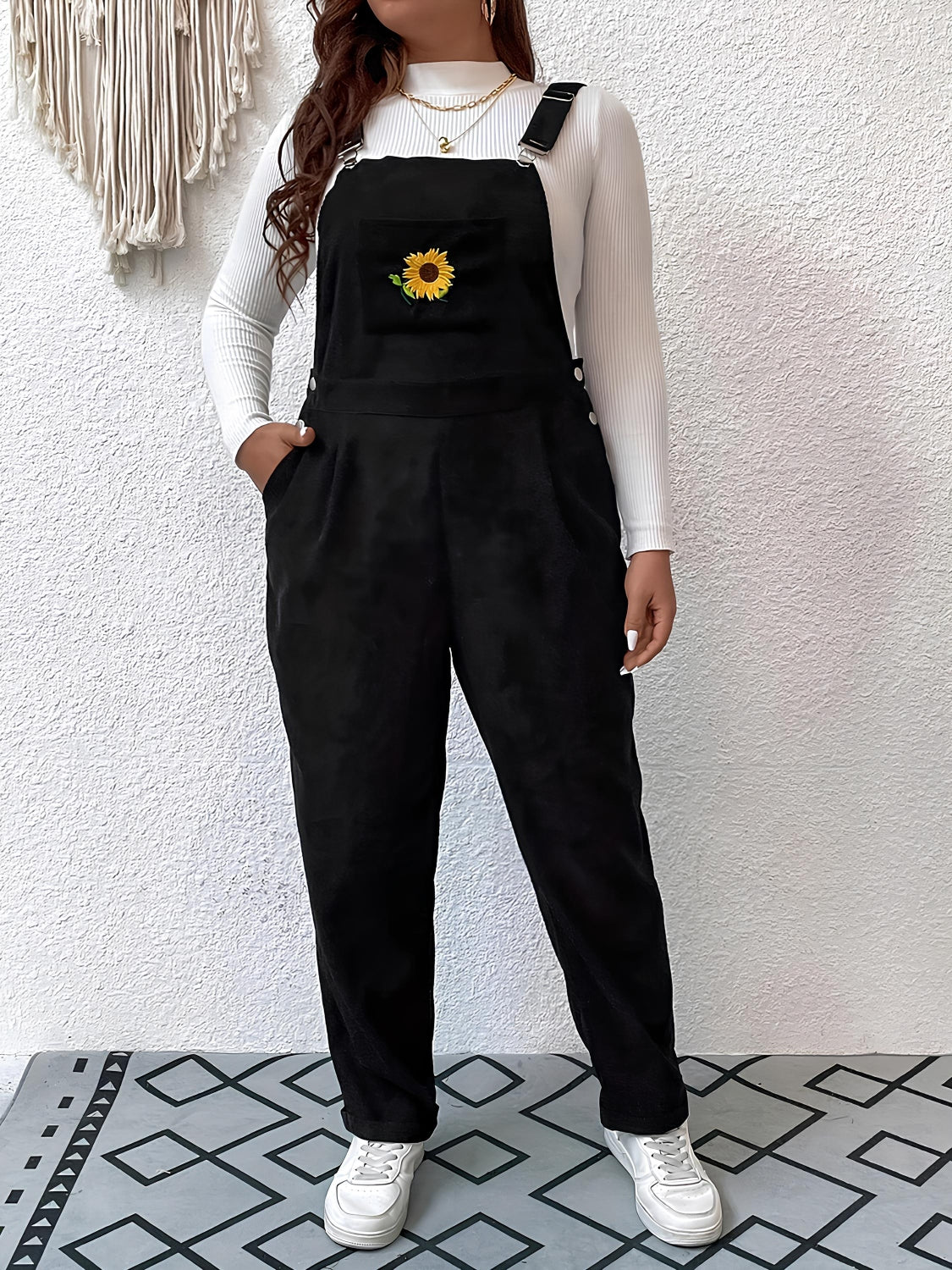 Embroidered Sunflower Wide Strap Overalls with Pockets