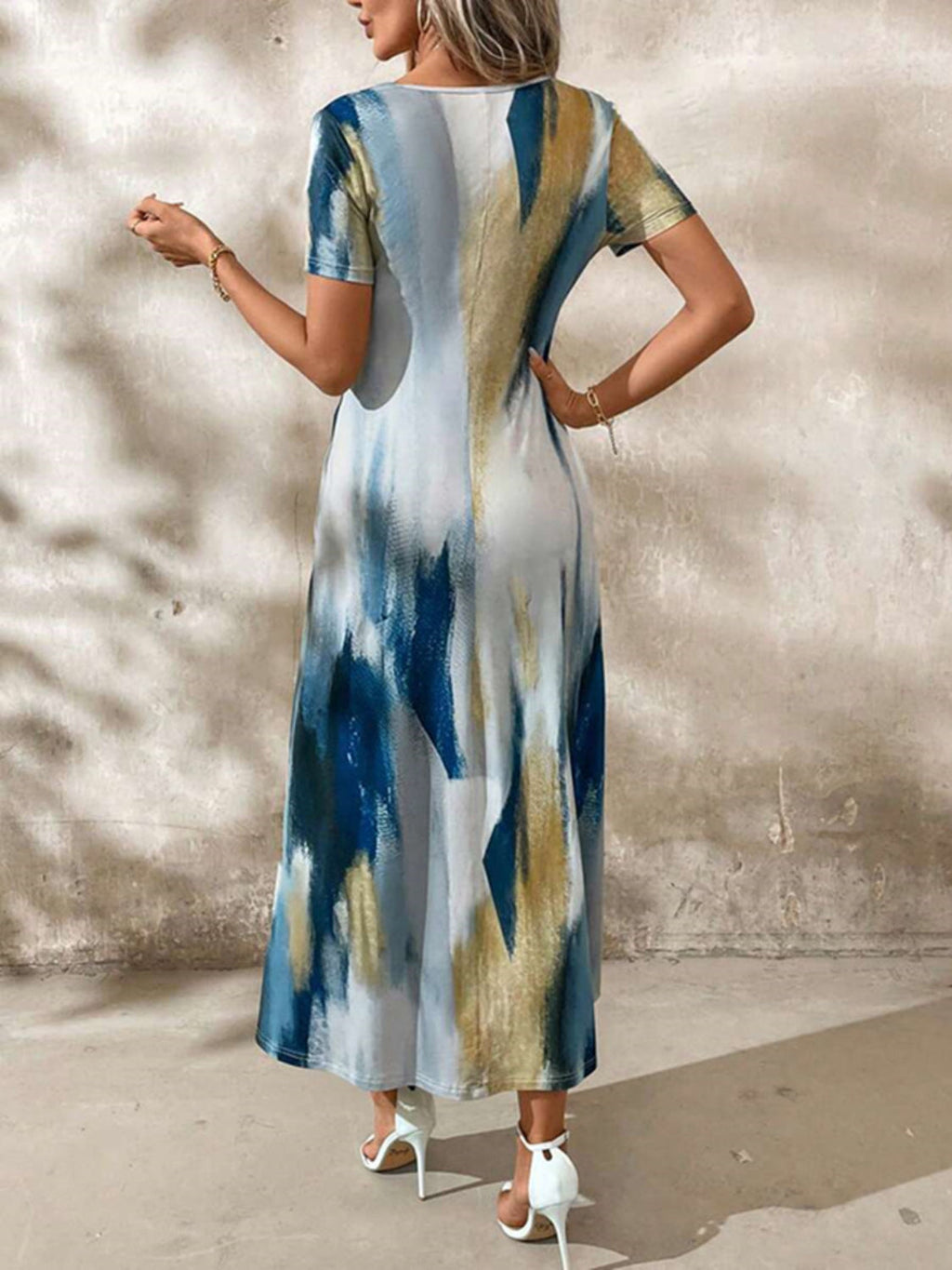 Tie-Dye V-Neck Short Sleeve Midi Tee Dress