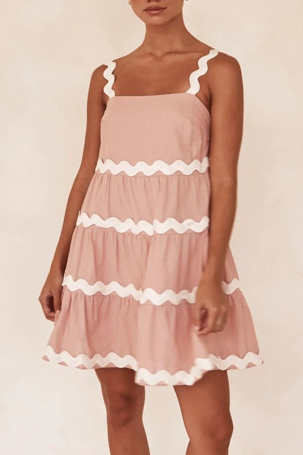 Contrast Trim Square Neck Tiered Dress