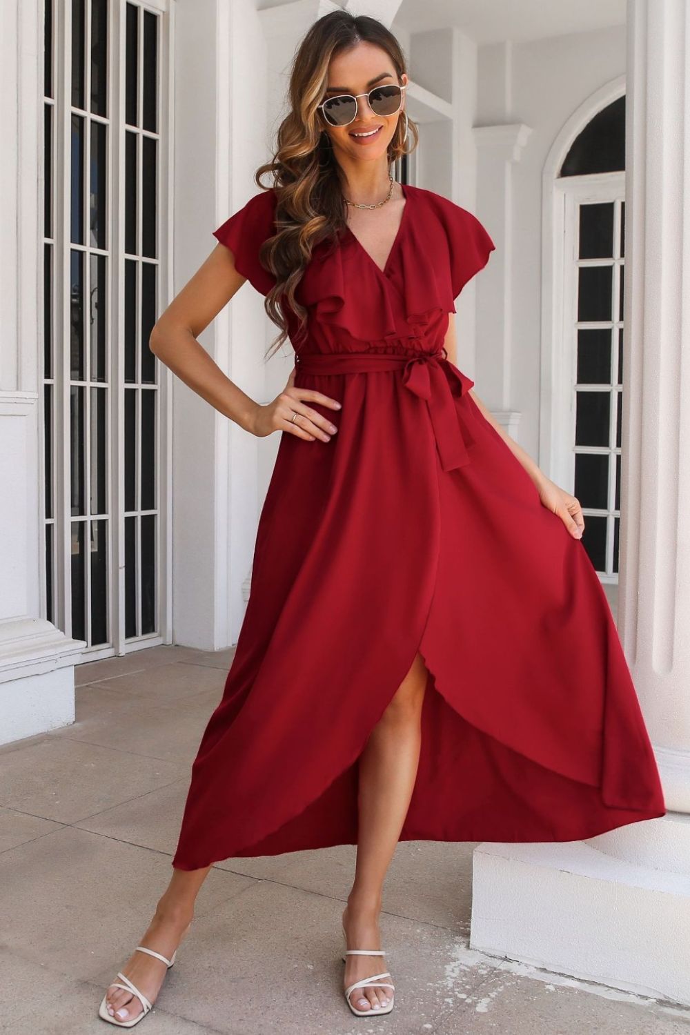 Tied Front Ruffled Short Sleeve Midi Dress