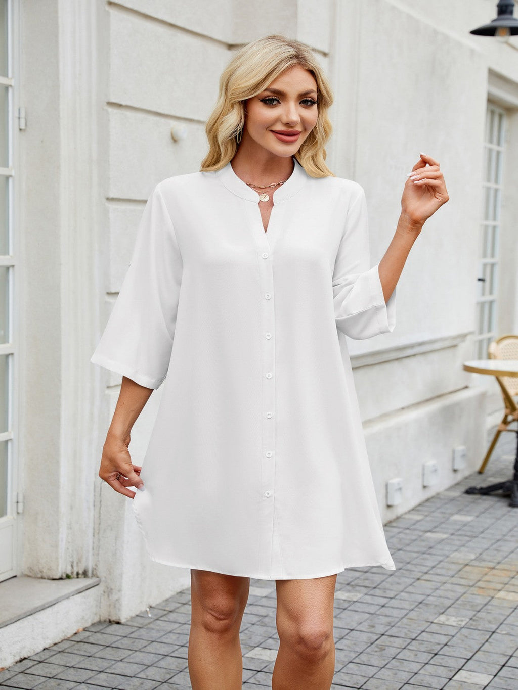 Notched Long Sleeve Mini Shirt Dress