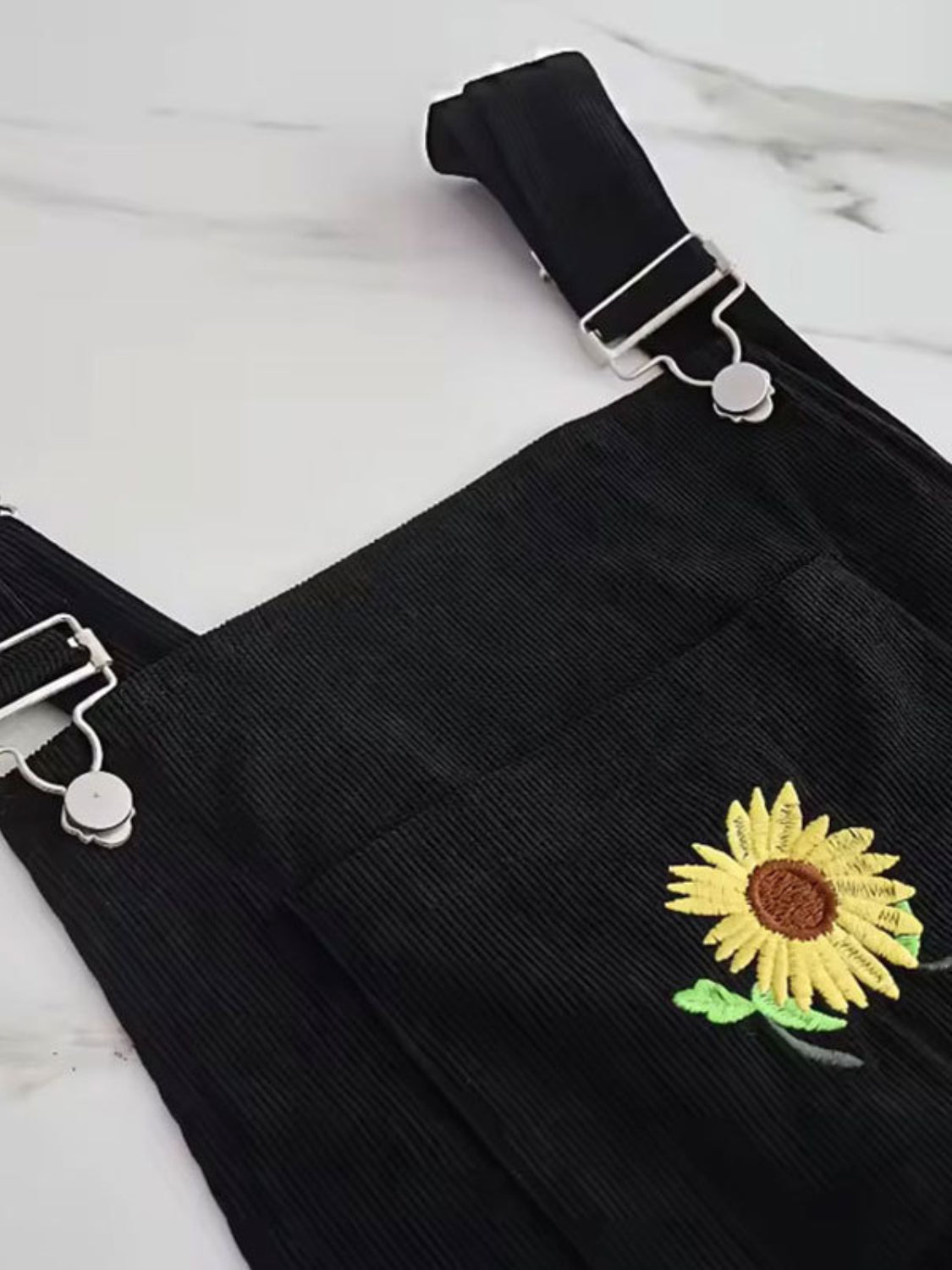 Embroidered Sunflower Wide Strap Overalls with Pockets