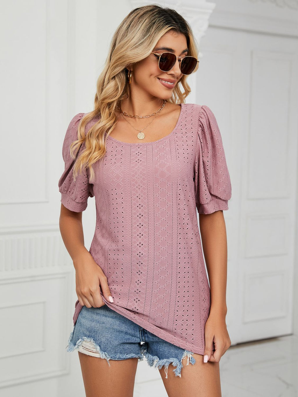 Ruched Notched Long Sleeve T-Shirt