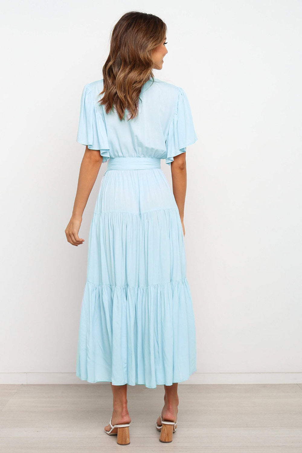 Tied Back Tiered Short Sleeve Midi Dress