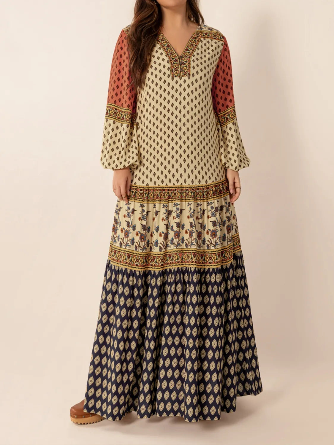Printed V-Neck Balloon Sleeve Maxi Dress