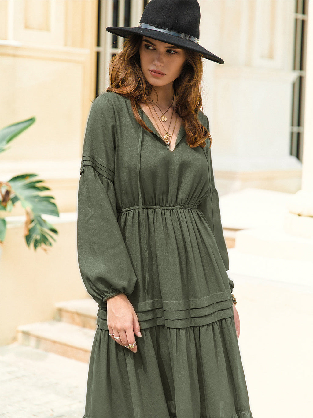 Tie Neck Long Sleeve Midi Tiered Dress