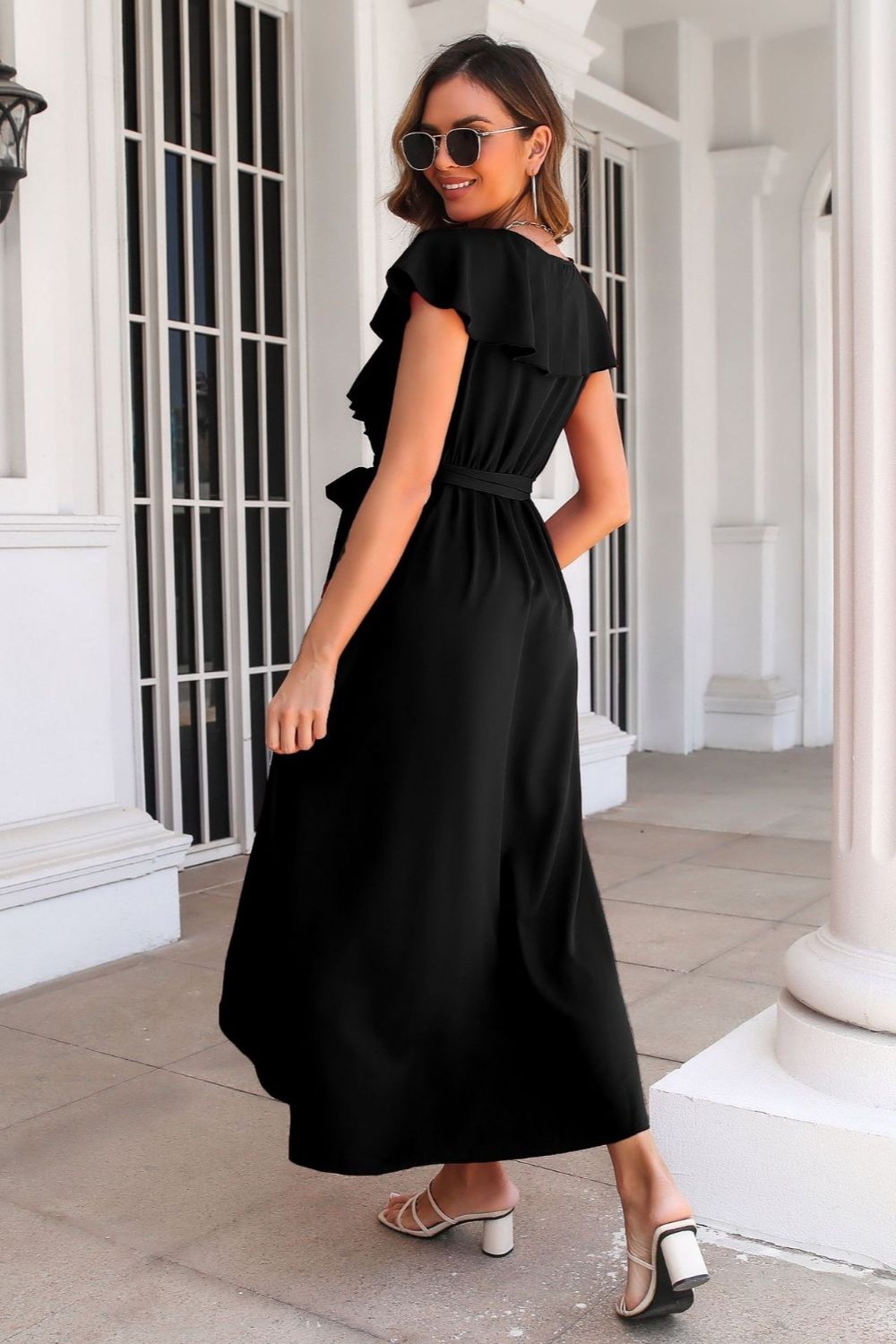 Tied Front Ruffled Short Sleeve Midi Dress