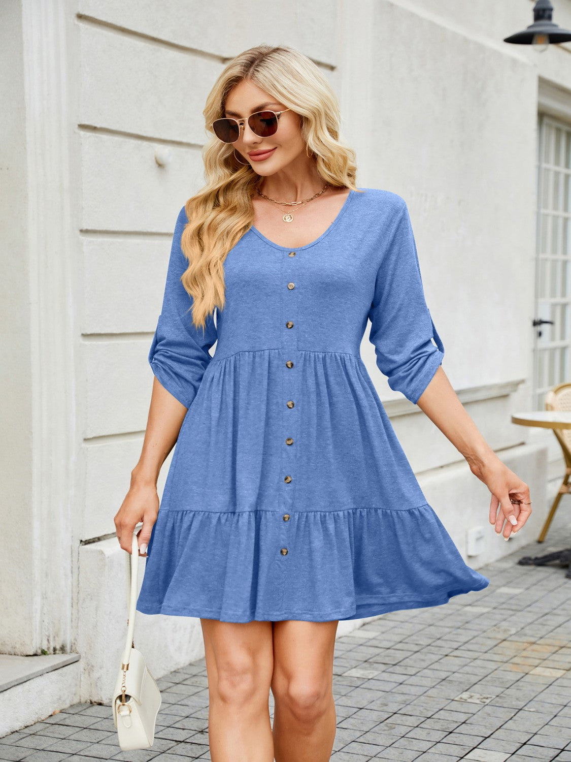 Tiered Ruched V-Neck Mini Dress