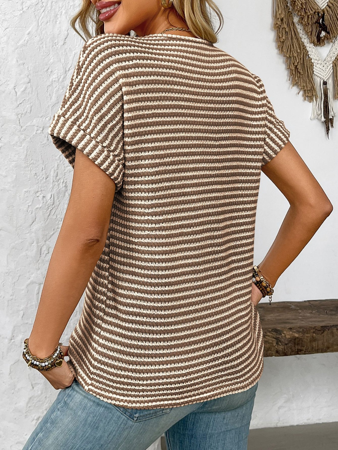 Striped Notched Short Sleeve T-Shirt