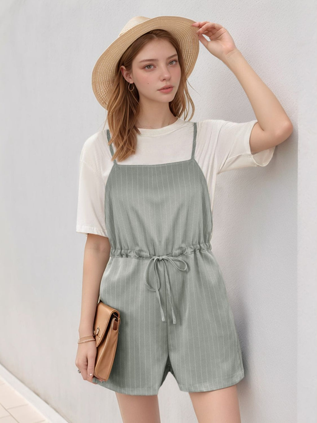 Perfee Drawstring Waist Striped Overalls with Pockets