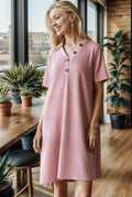 Heimish Full Size Solid Ribbed Mini Dress with Button Plus Size